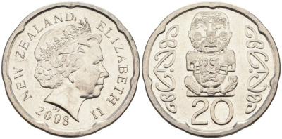 Новая Зеландия 20 центов 2008 Елизавета II (1952-2022), идол Пукаки KM 118а никелированная сталь 4579-1236