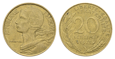Франция 20 сантимов 1975 тип Marianne KM 930 алюминиевая бронза 4678-1035