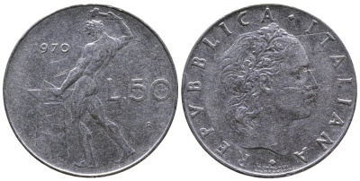 ИТАЛИЯ 50 ЛИР 1970 R, КУЗНЕЦ KM 95.1 сталь 3333-222