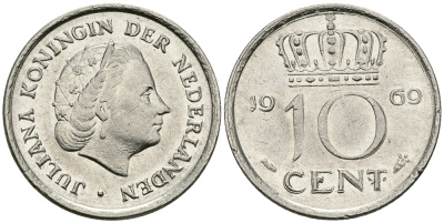 Нидерланды 10 центов 1969 Юлиана (1948-1980) KM 182 никель 96-367