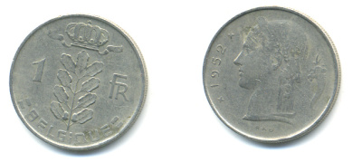 БЕЛЬГИЯ 1 ФРАНК 1952 BELGIQUE KM 142.1 медно-никель 86-1331