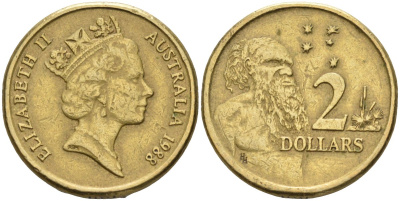 Австралия 2 доллара 1988 абориген, Елизавета II (1953-) KM 101 алюминиевая бронза 4126-1047