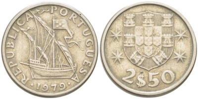 ПОРТУГАЛИЯ 2,5 ЭСКУДО 1979 ПАРУСНИК KM 590 медно-никель 4523-1111