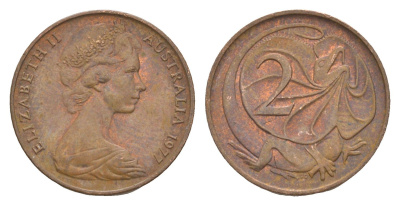 Австралия 2 цента 1977 Елизавета II (1952-2022), плащеносная ящерица KM 63 бронза 4580-1011