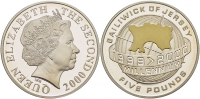 Джерси 5 фунтов 2000 миллениум, позолота KM 109 серебро PROOF 11-091-25