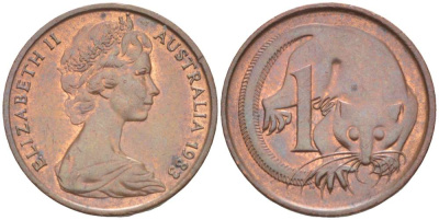 АВСТРАЛИЯ 1 ЦЕНТ 1983 ЕЛИЗАВЕТА II (1952-) МОЛОДОЙ ПОРТРЕТ, ОПОССУМ KM 62 бронза 4516-642