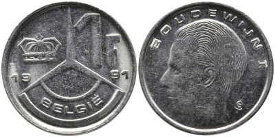 БЕЛЬГИЯ 1 ФРАНК 1991 BELGIE KM 171 сталь плакированная никелем 99-1243