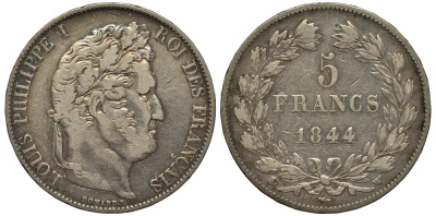 Франция 5 франков 1844 W, Луи Филипп I (1830-1848) KM 749.13 серебро 413-3343