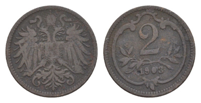 Австрия 2 геллера 1903 Франц Иосиф I (1848-1916) KM 2801 бронза 4639-1018