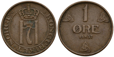Норвегия 1 эре 1937 Хокон VII (1905-1957) KM 367 бронза 4189-745