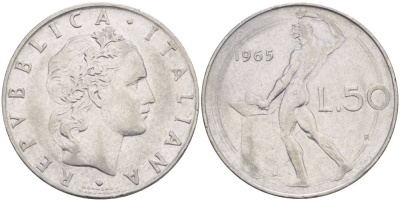ИТАЛИЯ 50 ЛИР 1965 R, БОГ ОГНЯ ВУЛКАН У НАКОВАЛЬНИ KM 95.1 нержавеющая сталь 4551-345