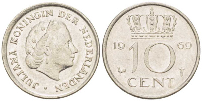 Нидерланды 10 центов 1969 Юлиана (1948-1980) KM 182 никель 214-1237