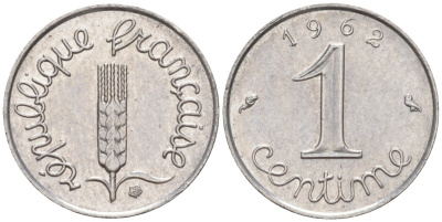 Франция 1 сантим 1962 Пятая Республика KM 928, Le Franc 106.4 хромированная сталь 187-428