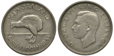 Новая Зеландия 1 флорин 1943 Георг VI (1936-1952), птичка киви KM 10.1 серебро 272-1613