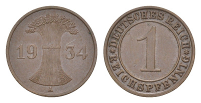 Германия 1 рейхспфенниг 1934 A KM 37, J. 313 бронза 4636-338