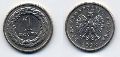 ПОЛЬША 1 ЗЛОТЫЙ 1992 MW KM 282 медно-никель 35-1147