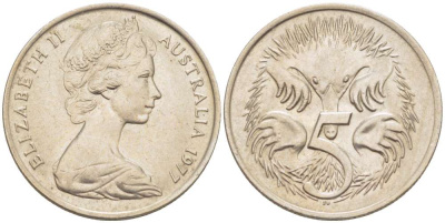 АВСТРАЛИЯ 5 ЦЕНТОВ 1977 ЕЛИЗАВЕТА II (1952-) МОЛОДОЙ ПОРТРЕТ, ЕХИДНА KM 64 медно-никель 4516-658