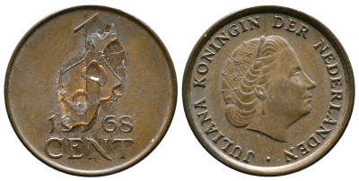 НИДЕРЛАНДЫ 1 ЦЕНТ 1968 ЮЛИАНА KM 180 бронза 75-1617