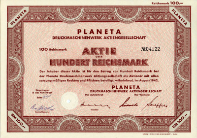 Германия 100 рейхсмарок 1942 АО Книгопечатные машины и оборудование Planeta, акция   бумага   8803-22-1