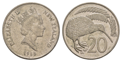 Новая Зеландия 20 центов 1988 Елизавета II (1952-2022), птичка киви KM 62 медно-никель 4653-512