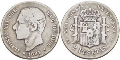 Испания 2 песеты 1884 (84) MS-M, АЛЬФОНСО XII KM 678 серебро 1521-1033