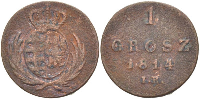 ПОЛЬША, ВЕЛИКОЕ ГЕРЦЕГСТВО ВАРШАВСКОЕ 1 ГРОШ 1814 IB,ФРИДРИХ АВГУСТ I, КОРОЛЬ САКСОНИИ И ВЕЛИКИЙ ГЕРЦОГ ПОЛЬШИ (1807-1814), ВЕС 3,03 ГР. KM 81, медь 1517-825