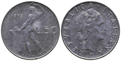 ИТАЛИЯ 50 ЛИР 1973 R, КУЗНЕЦ KM 95.1 сталь 3333-826