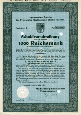 Германия 1000 рейхсмарок 1930 Земля Мекленбург-Стрелиц 7% долговых обязательств, облигация   бумага   8801-114-1