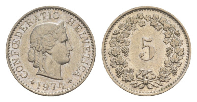 Швейцария 5 раппенов 1974 KM 26 медно-никель 4611-957