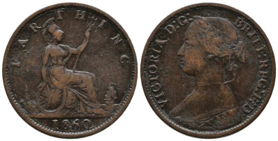 Великобритания 1 фартинг 1860 Виктория (1837-1901), зубчатая кайма KM 747.2, Spink 3958 бронза  1518-1043