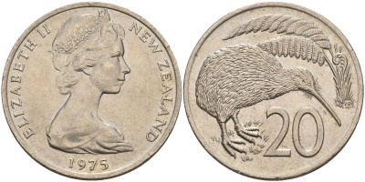 Новая Зеландия 20 центов 1975 Елизавета II (1952-2022), птичка киви KM 36.1 медно-никель  4599-1015