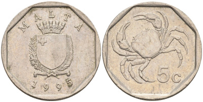 Мальта 5 центов 1993 краб KM 95 медно-никель 4588-131