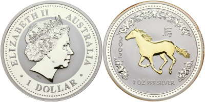 Австралия 1 доллар 2002 восточный календарь, год лошади, позолота серебро PROOF 11-073-35