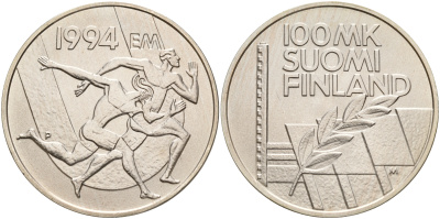 Финляндия 100 марок 1994 стадион дружбы, бег KM 78 серебро UNC 1066-4-65