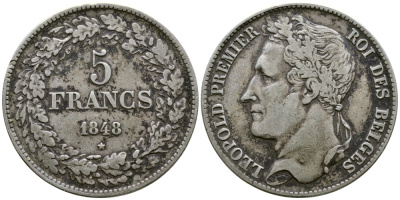 Бельгия 5 франков 1848 Леопольд I (1831-1865), в венке KM 3.2 серебро 74-1012