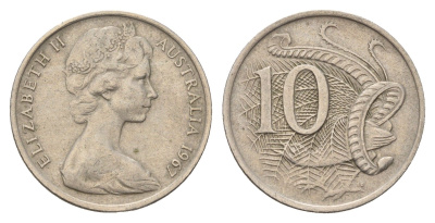 Австралия 10 центов 1967 Елизавета II (1952-2022), птица лирахвост KM 65 медно-никель 4671-452