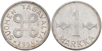 Финляндия 1 марка 1954 KM 36а железо плакированное никелем 187-444