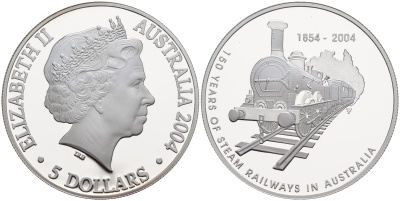Австралия 5 долларов 2004 150 лет железным дорогам Австралии, в оригинальной коробке с сертификатом KM 730 серебро   PROOF 3-4-11-06