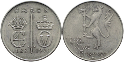 Норвегия 5 крон 1978 350 лет Норвежской армии KM 423 медно-никель 4389-335