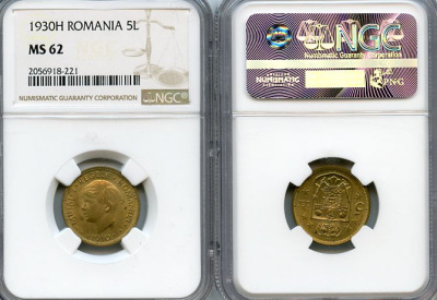 Румыния 5 лей 1930 в слабе NGC, грейд MS 62 KM 48 никель латунь UNC 15-011-10