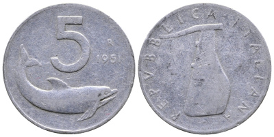 ИТАЛИЯ 5 ЛИР 1951 R, РУЛЬ, ДЕЛЬФИН KM 92 алюминий 51-2357