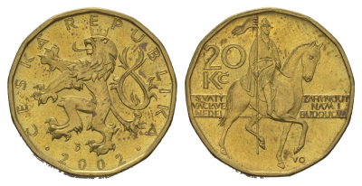 Чехия 20 крон 2002 чешский лев, герцог Вацлав на коне KM 5 сталь плакированная латунью aUNC 4622-424