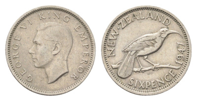 Новая Зеландия 6 пенсов 1947 Георг VI (1936-1952), год-тип KM 8a медно-никель 4659-945