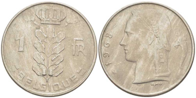 БЕЛЬГИЯ 1 ФРАНК 1968 BELGIQUE, БОДУЭН I (1951-1993) KM 142.1 медно-никель 213-523