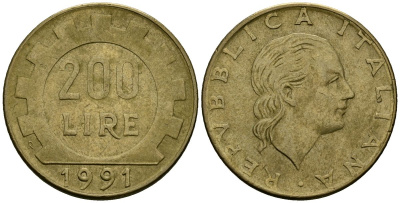 Италия 200 лир 1991 R, шестерня KM 105 алюминиевая бронза 4138-633