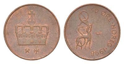Норвегия 50 эре 1998 Харальд V (1991-) KM 460 бронза 4632-1256