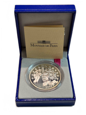 Франция 1 1/2 евро 2003 первая годовщина введения евро, в оригинальной коробке, сертификат KM 1338 серебро  PROOF  1-6-4-32