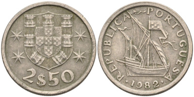 Португалия 2,5 эскудо 1982 парусник KM 590 медно-никель 4567-463