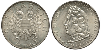 Австрия 2 шиллинга 1936 200 лет со дня смерти принца Евгения Савойского KM 2858 серебро 413-5913