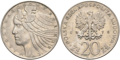 Польша 20 злотых 1975 MW, Международный год женщины KM 75, Parchimowicz 248 медно-никель AUNC 4531-1223